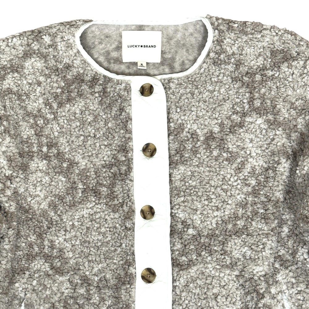 Lucky Brand Faux Shearling Teddy Jacket Women XL Grey‎ Beige Quilted Placket - Picture 4 of 12